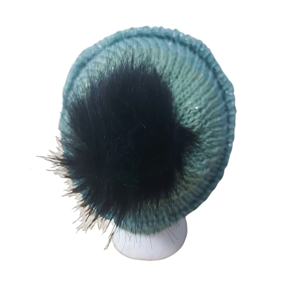 Hand Knit Green Beanie with Faux Fur Pompom - Picture 5 of 6